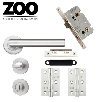 Stainless Steel Mitred Lever on Rose Bathroom Door Pack with pair of 3" Ball Bearing Hinges