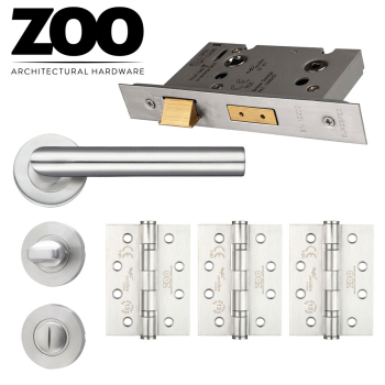 Stainless Steel Mitred Lever on Rose Bathroom Door Pack with 3x 4" Ball Bearing Hinges