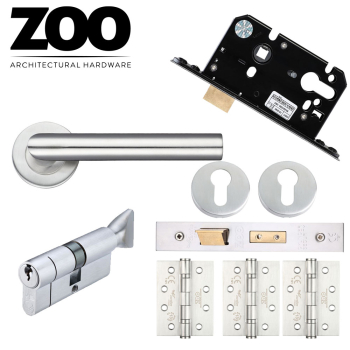 Stainless Steel Mitred Lever, Cylinder / Thumbturn Door Handle Pack with 3x 4" Ball Bearing Hin