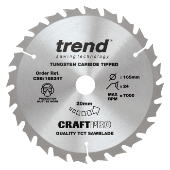 Trend Craft Pro 165mm diameter 20mm bore 24 tooth combination cut thin kerf saw blade for cordless c