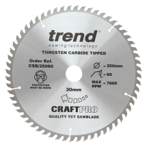 Trend Craft Pro 250mm diameter 30mm bore 60 tooth fine finish cut saw blade for table saws