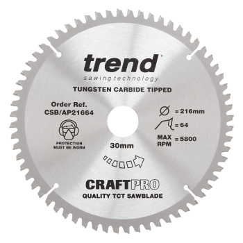 Trend  Craft Pro 216mm diameter 30mm bore 64 tooth aluminium and plastics saw blade for mitre saws