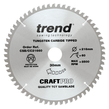 Trend Craft Pro 216mm diameter 30mm bore 60 tooth fine finish cut saw blade for hand held circular s